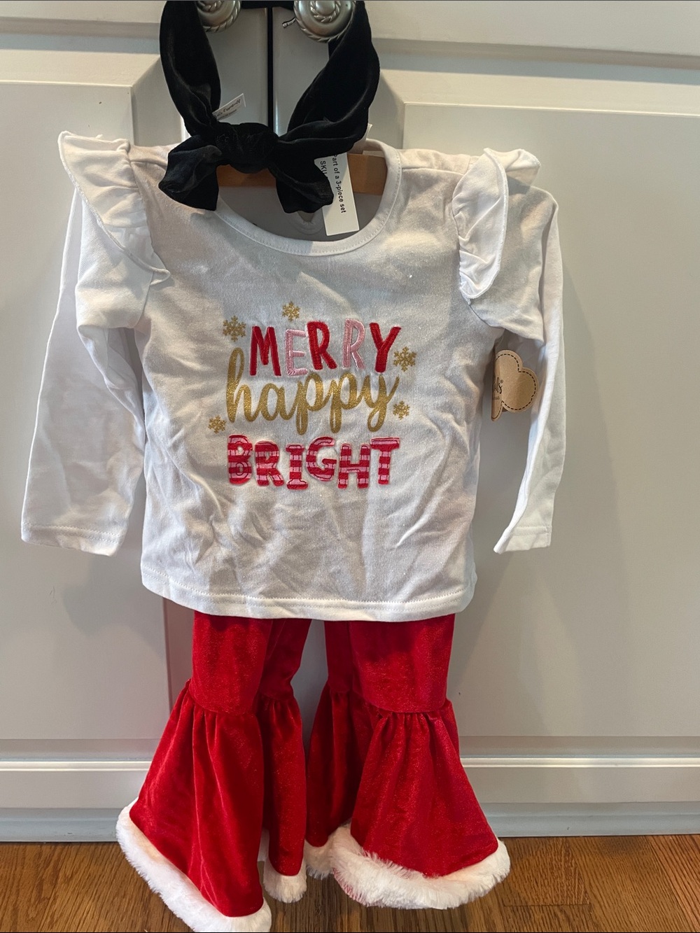 Baby Essentials White Top and Red Velvet Ruffle Pants Holiday Matching Set